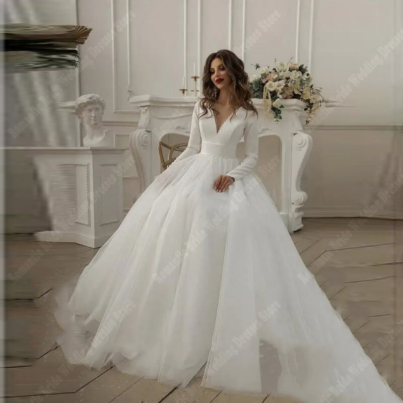 Romantische sexy V-Ausschnitt A-Linie Brautkleider für Frauen beliebte lange Ärmel Ball Braut Wisch länge Dame Vestido de Noiva 2024