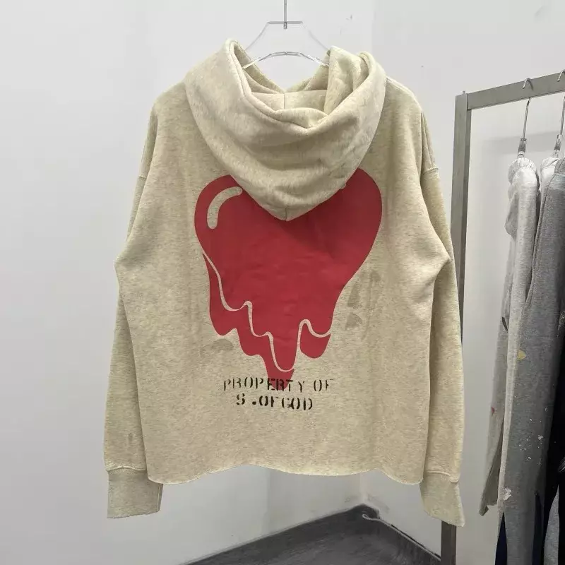 24ss Red Heart Printing Saint Michael Oversized Men Clothing 1:1 Top Quality Washed White Womens Hoodies