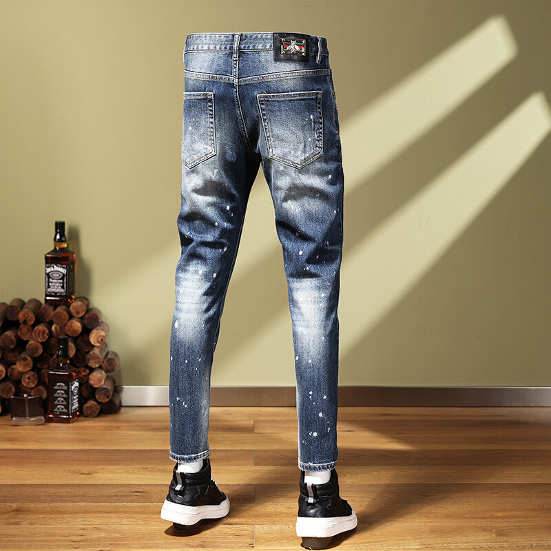 Moda Designer Men Jeans Alta Qualidade Retro Azul Elastic Stretch Slim Fit Ripped Jeans Homens Patched Vintage Denim Pants Hombre