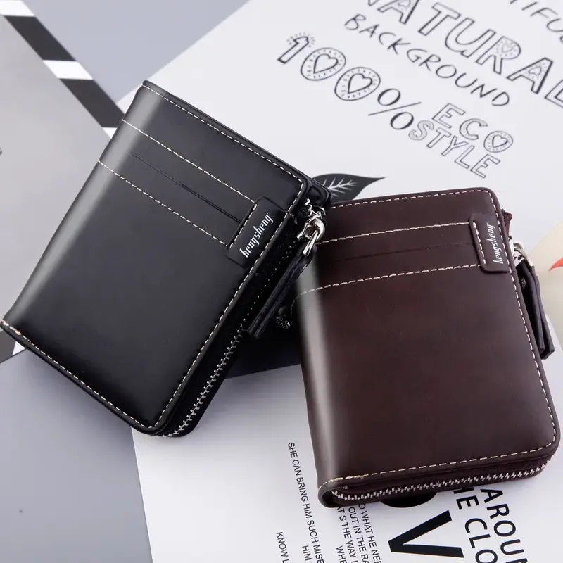 Men's Wallet Short Zipper Cash Clip, Retro Men's Leather Clip, Multiple Card Positions for Driver's License, Large Capacity