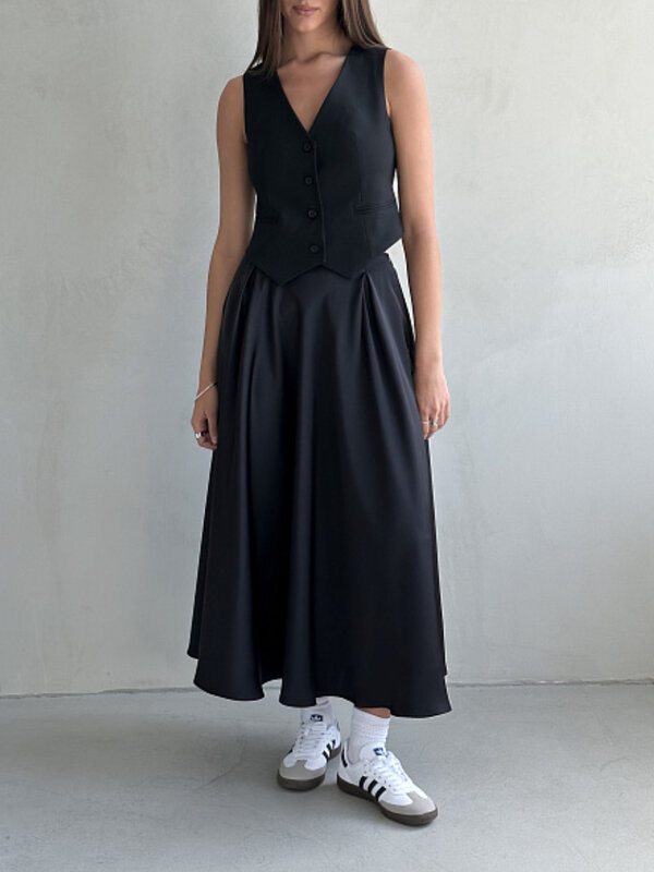 Rok Maxi gaya jalanan wanita, rok panjang Satin elegan longgar pinggang tinggi musim gugur 2023