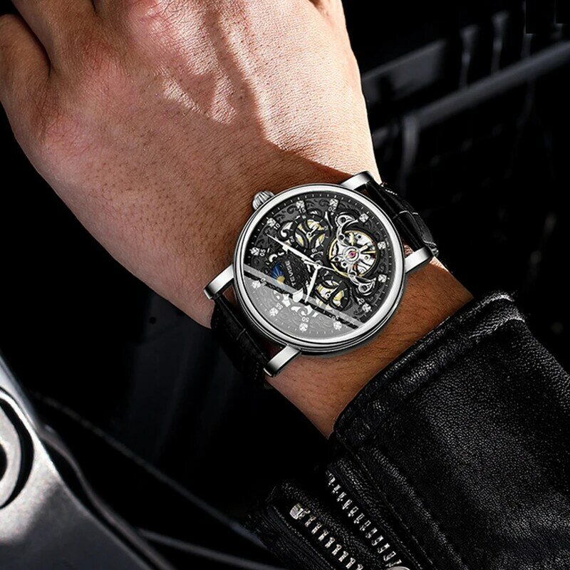 メンズ自動スケルトン腕時計,トゥールビヨン,メカニカル腕時計,ダイヤモンド付きビジネスウォッチ