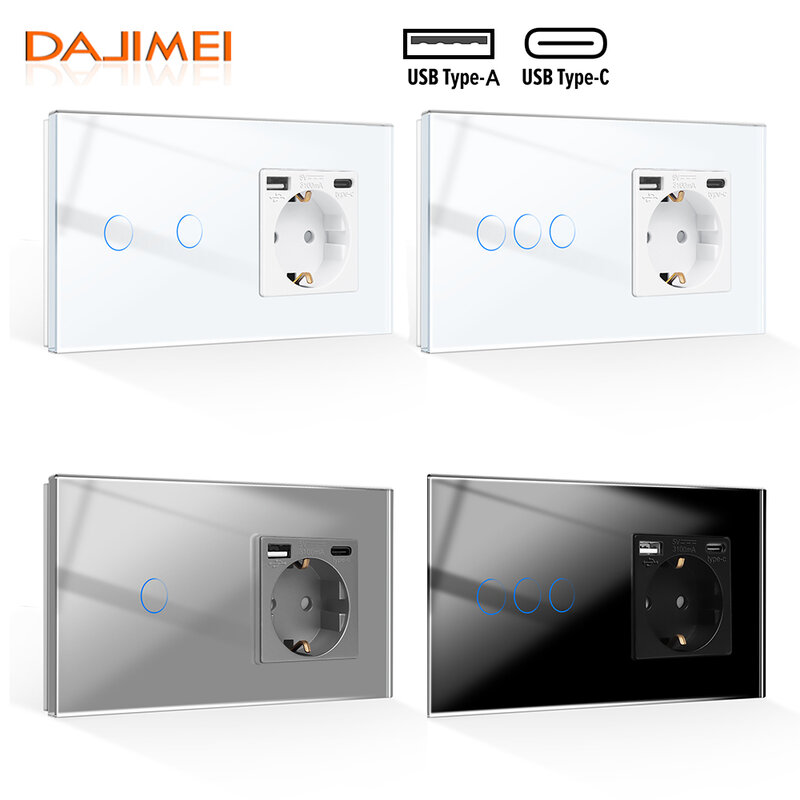 DAJIMEI USB Type-C Interface Outlet Single Double EU Socket with Wall Light Touch Switch 1/2/3/4Gang 1/2Way Glass Panel