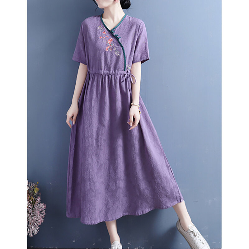 Mode V-Ausschnitt Knopf Raffen Bandage Stickerei Vintage Kleid weibliche Kleidung Sommer neue lose Kurzarm Freizeit kleid