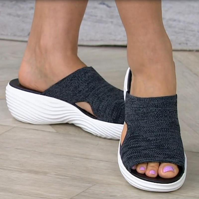 Sandal pantai kasual wanita, sandal Orthotic elastis ortopedi, jari terbuka, bernafas, selempang luar ruangan untuk wanita