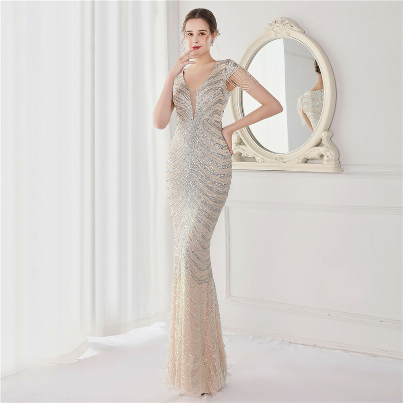 DEERVEADO Elegante V-ausschnitt Meerjungfrau Abendkleid Lange Luxus Perlen Frauen Abend Party Kleider 2023 Neue Formale Kleid 19085