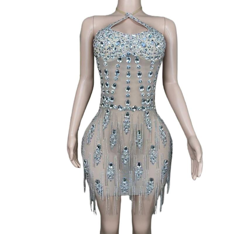 Sparkly Crystals Mesh Sleeveless Short Dress for Women Celebrate Evening Dresses Sexy Stones Chain Birthday Party Dress Xiongqi