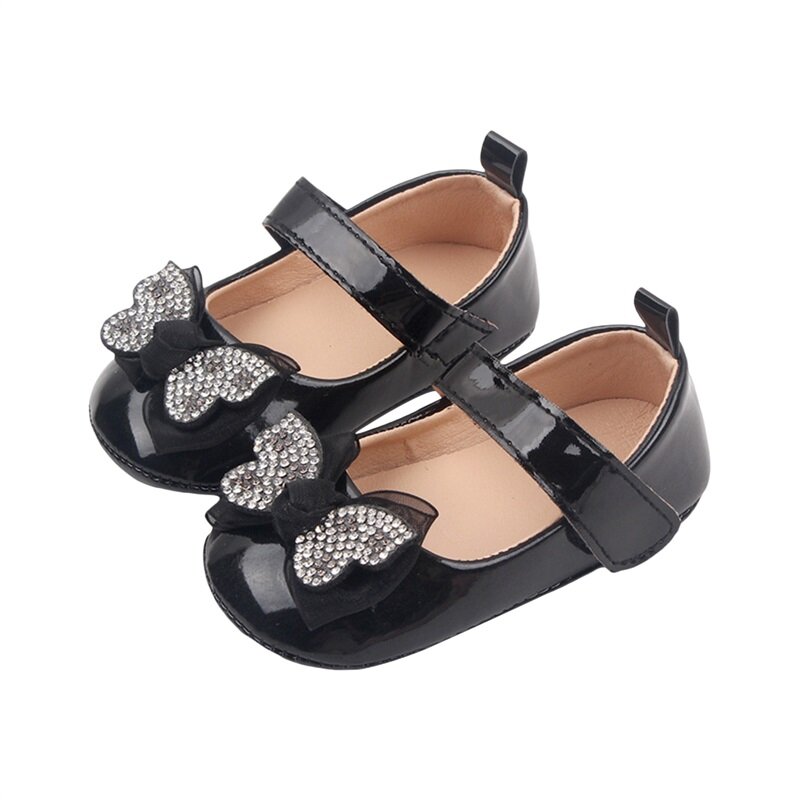 Sepatu kulit bayi perempuan, Kasut datar Mary Jane anti Slip berlian imitasi pita Putri