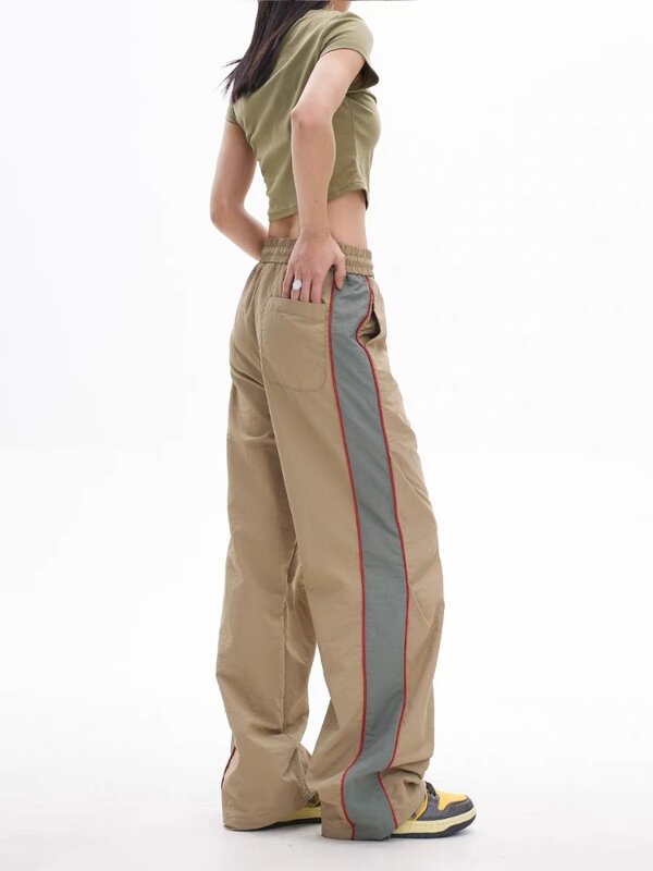 HOUZHOU Khaki szerokie nogawki spodnie na co dzień kobiety w stylu Vintage Y2k spodnie spadochronowe w paski Streetwear Baggy Harajuku czarne spodnie Cargo