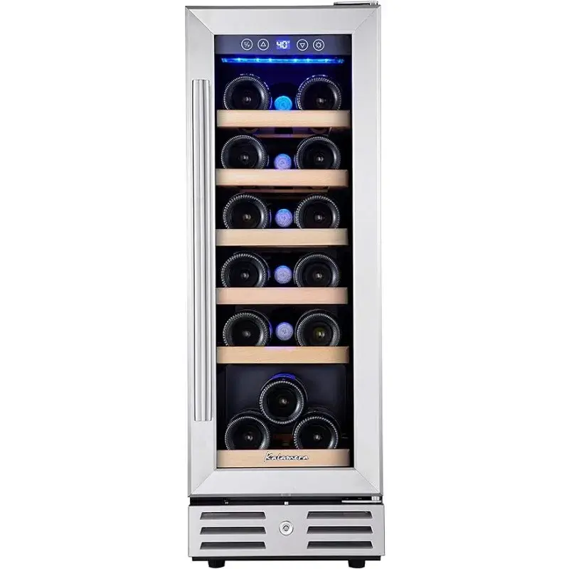 Kalamera Wine Cooler Refrigerador, Mini Geladeira, Aço Inoxidável, Double-Layer, Porta de Vidro Temperado, 18 Garrafa, 12"
