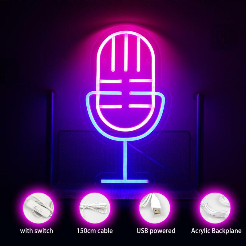 Microfone Neon Sigh LED Lights, Música ao Vivo, KTV, Estúdio, Decoração para Festa, USB, Lâmpada de Parede para Casa, Quarto, Festival, Logotipo Criativo