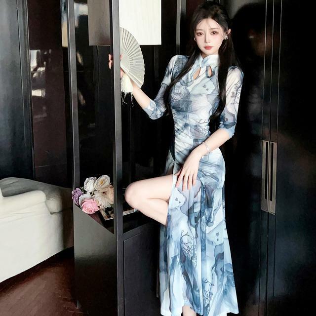중국 개량 데일리 치파오 빈티지 드레스, 중국 현대 여성 패션, 섹시 치파오 드레스, 스플릿 블루 치파오