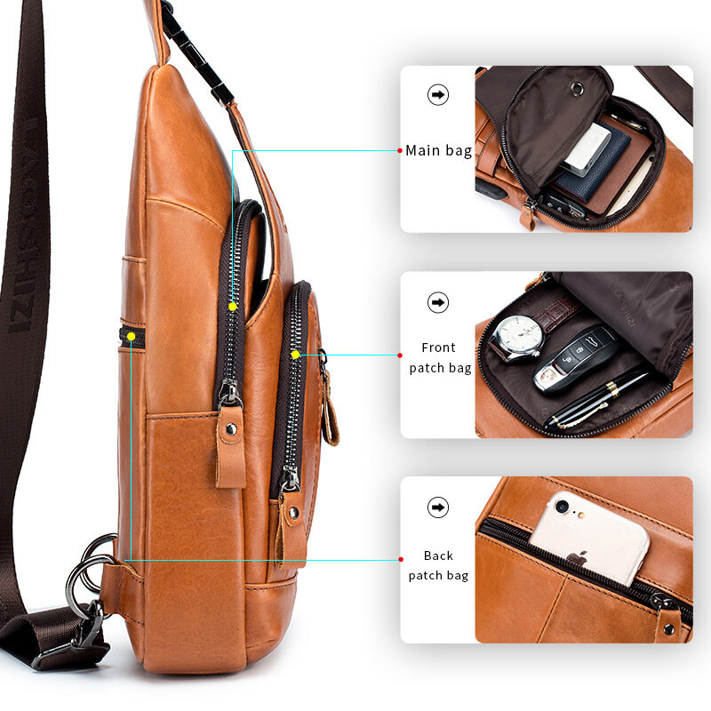 Bolso de peito masculino Crossbody Bags, 100% couro genuíno, bolsa de peito de viagem recarregável USB, encaixe 7,9 polegadas, iPai Pockets, Marca