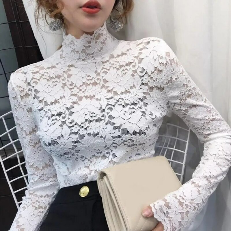 Mulheres Meia Gola Alta Mangas Compridas See-Through Outono Top Magro Lace Crochet Patchwork Oco Tee Top Streetwear Camisa Floral