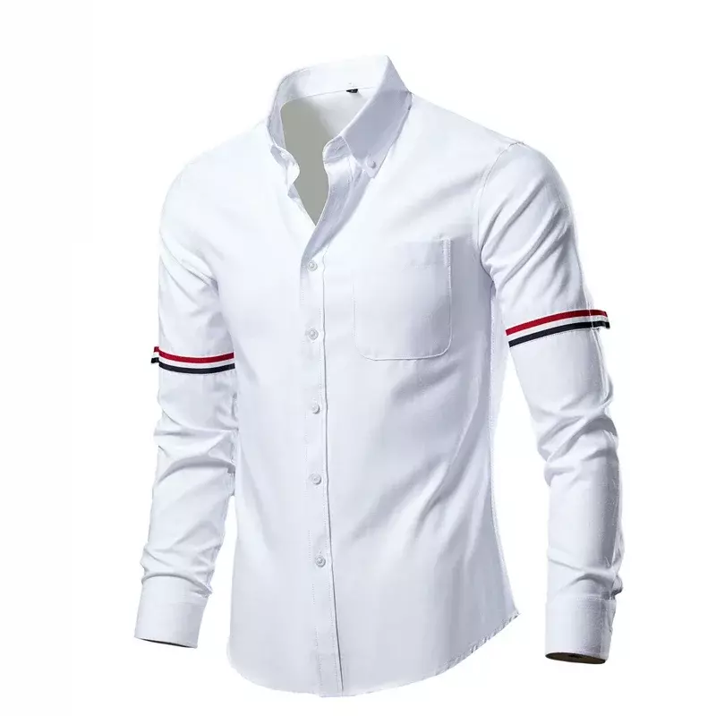 Fashion Casual Shirts Men Slim White Long Sleeve Striped Formal Shirts Spring Autumn Oxford Solid Men's Clothing