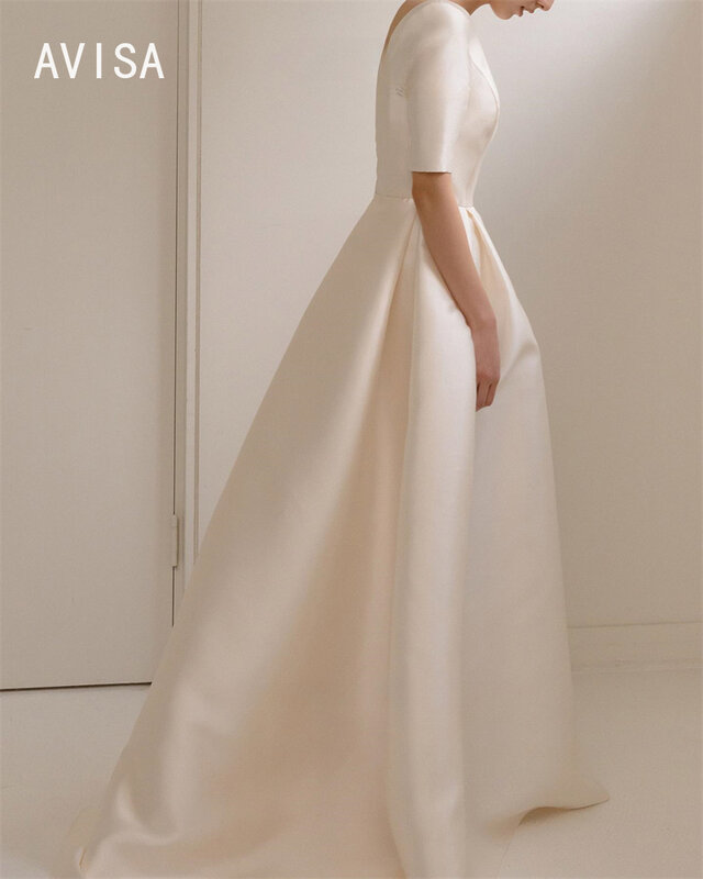 Simple A Line Satin Korea Style Wedding Dress Half Sleeves 2024 Scoop Floor Length Bridal Gowns Vintage vestido de noiva