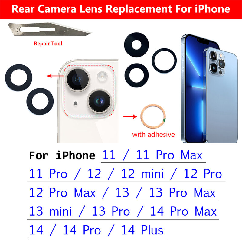 ใหม่เปลี่ยนเลนส์กระจกกล้องด้านหลังเลนส์กระจกกล้องด้านหลังพร้อมสติกเกอร์กาวสำหรับ iPhone 11 12 13 14 PRO MAX MINI 15 PLUS