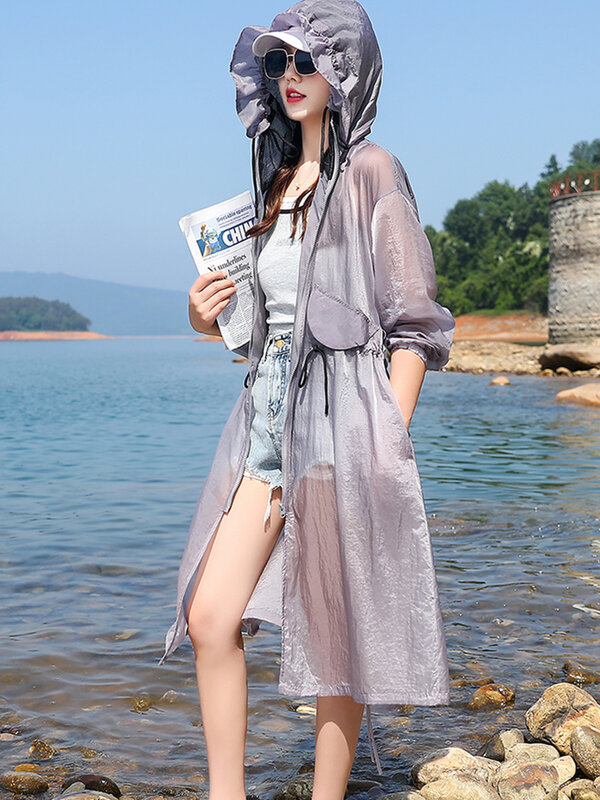 BZVW Hooded Sunscreen Coat For Women Hooded Long Sleeves Solid Color Lace-up Gathered Waist Trench 2024 Summer Clothes 25Z4138