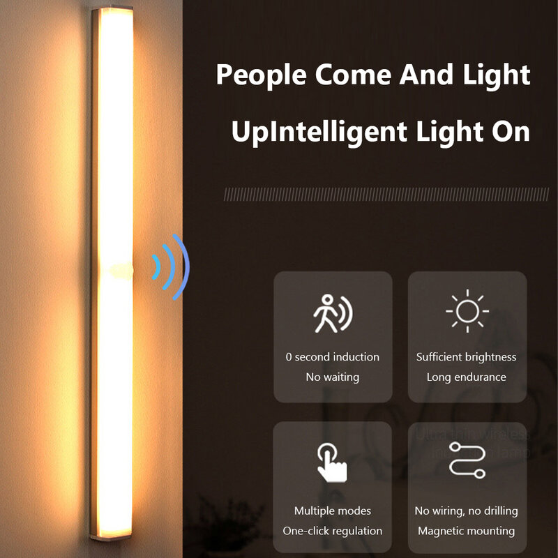 Smart LED Night Light com Sensor de Movimento, USB recarregável, lâmpada do armário sem fio, magnética, barra de luz sem fio, quarto e armário