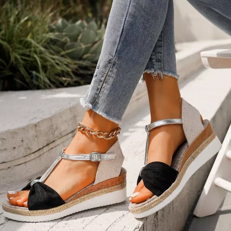 레오파드 무늬 버클 플랫폼 여성 신발, 웨지 샌들, 유럽 및 미국 오픈 토 샌들, 2024 신상