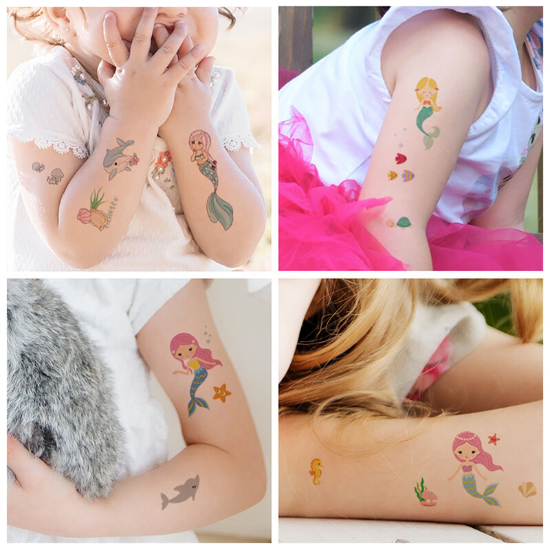 Autocollants de tatouage temporaire sirène pour enfants, dessin animé mignon, animal océanique, décor de fête princesse sirène, cadeaux de maquillage pour enfants