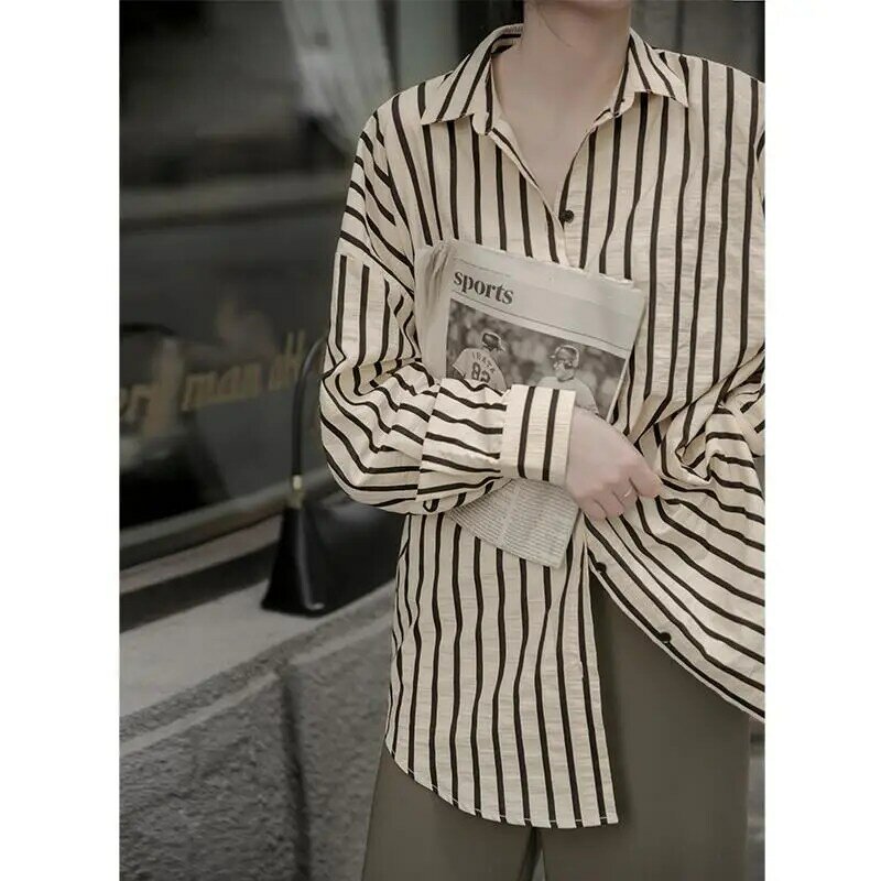 Deeptown Vintage Striped Women Blouses Harajuku Korean Fashion Oversized Shirt Casual Long Sleeve Basic Cardigan Female Chic Top