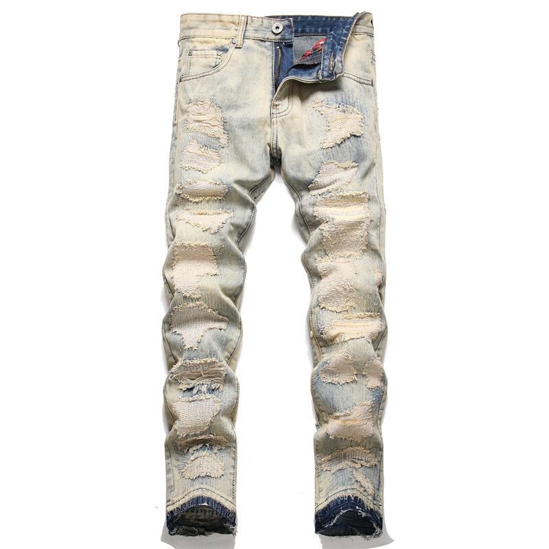 Jeans strappati raschiati da uomo Vintage nostalgico colore Street Trend stile Punk moda Slim-Fitting Biker Skinny Pants