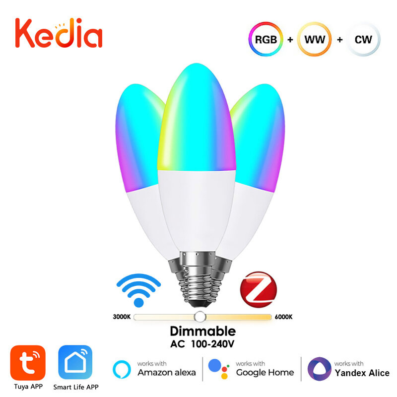Kedia Tuya E14 Smart Zigbee Wifi Kaars Lamp Europese Gloeilampen Rgb Led Ww Lamp Via Smart Leven Alexa google Home Alice
