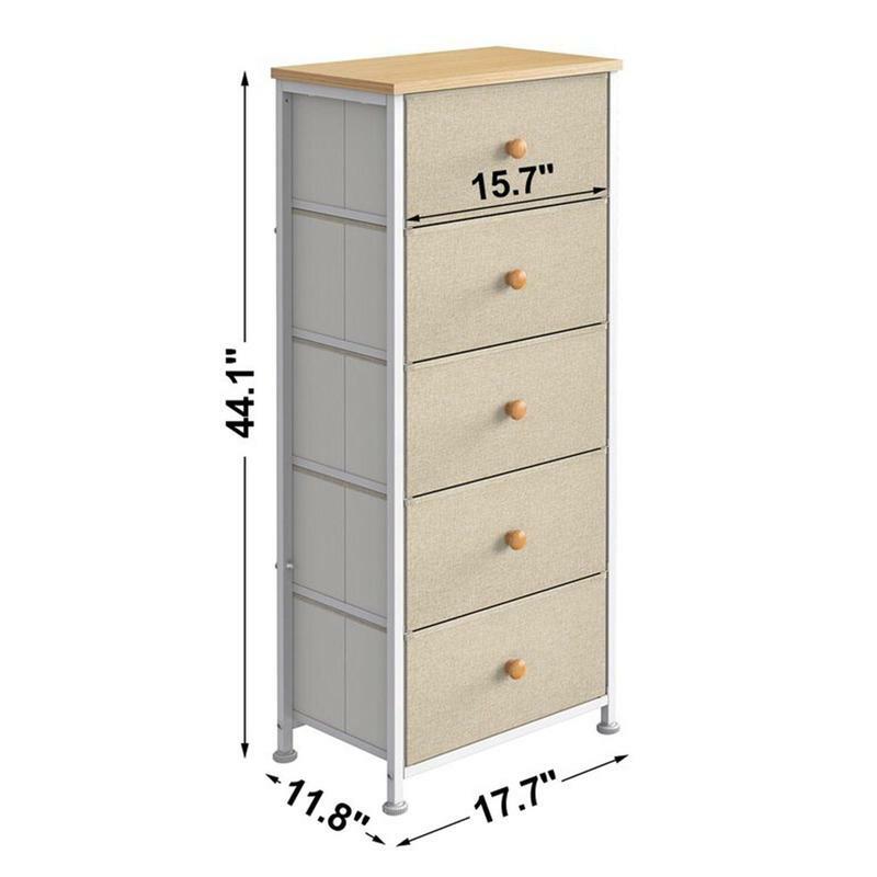 Vertical Narrow Metal Tower Dresser with 5 Fabric Drawer Bins, Taupe