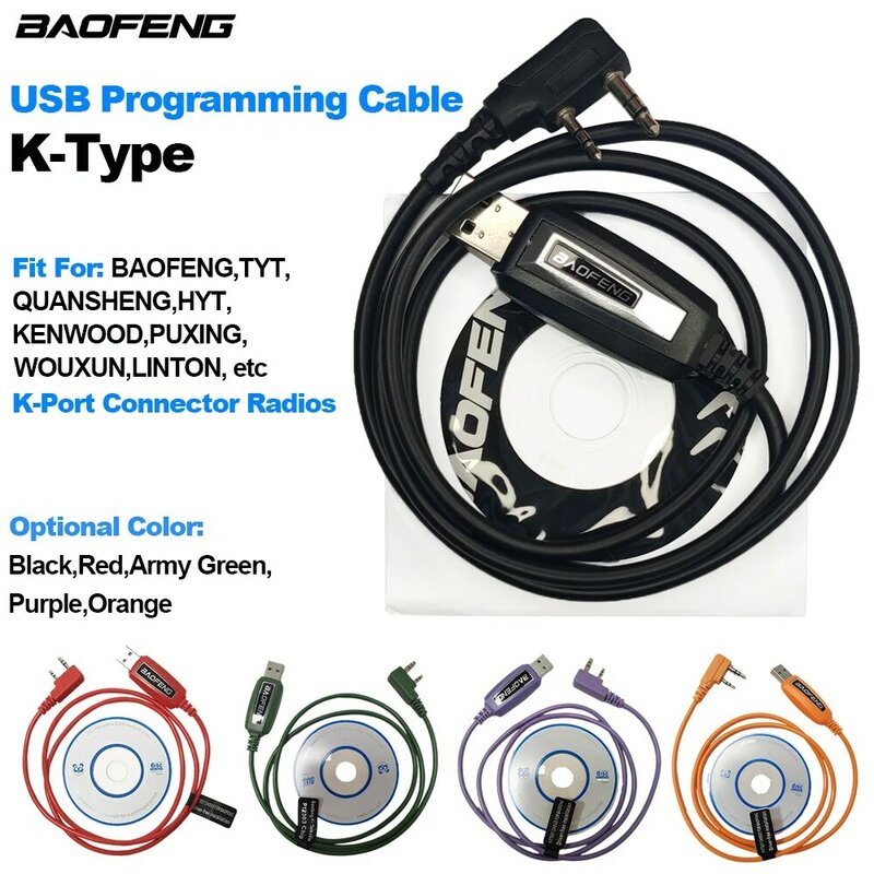 BAOFENG Cable de programación USB tipo K con CD para walkie-talkie, accesorio de Radios bidireccionales Baofeng Quansheng KENWOOD TYT HYT PUXING