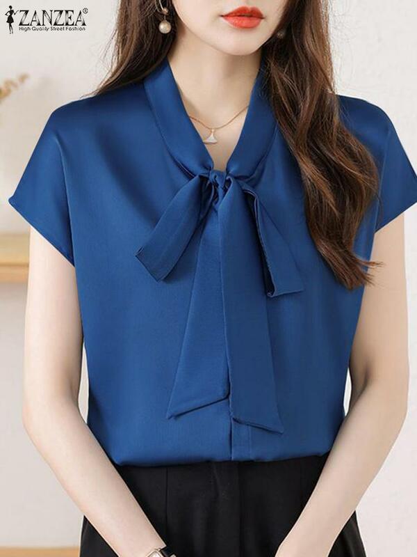Модная офисная блузка ZANZEA с коротким рукавом, женская летняя рубашка, элегантные однотонные офисные блузы, Женская туника на шнуровке, женские топы