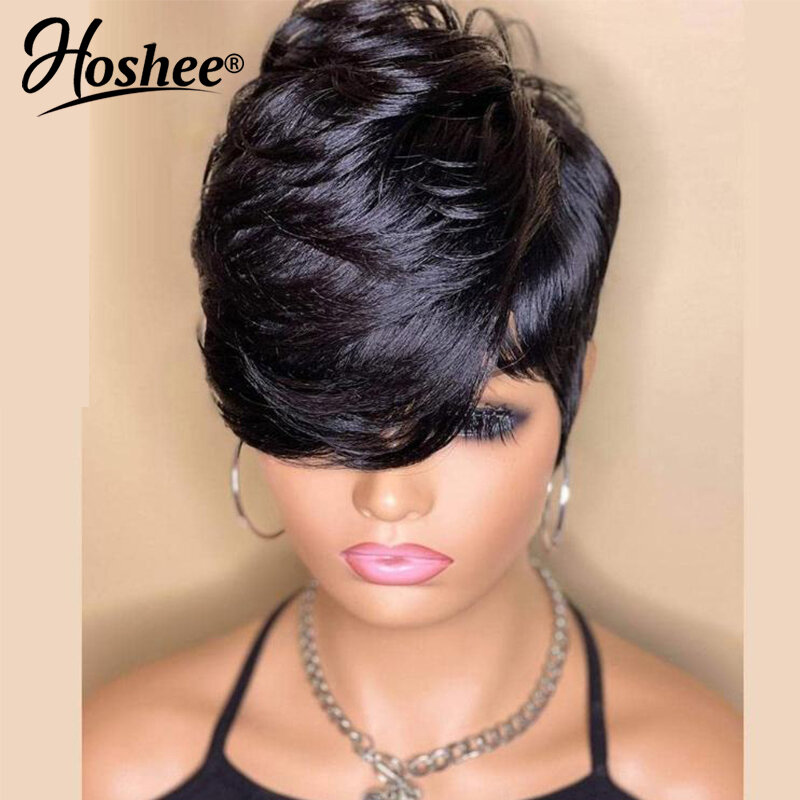 Short Pixie Cut Wigs Full Machine Made Wig With Bangs Dovetail Straight Glueless Wear And Go Human Hair Mullet Wigs For Women