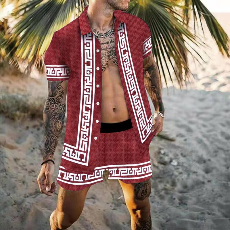 Set Pria Baru 2021 Kemeja Hawaii Lengan Pendek + Celana Pendek Kaus Kasual Cetak Musim Panas Setelan Dua Potong Pakaian Mode Baru