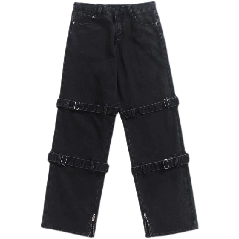 Męskie dżinsy hip-hopowe europejskie i amerykańskie główna ulica w stylu Y2k osobista z paskiem ulicznym czarno-niebieskie proste luźne jeansy spodnie