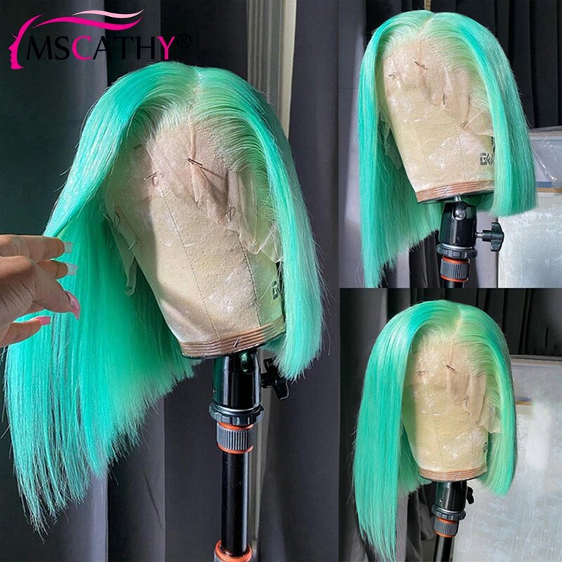 Mscathy-Peluca de cabello humano virgen brasileño para mujer, postizo de encaje frontal 13x4 HD, color verde menta, predesplumada, para Cosplay