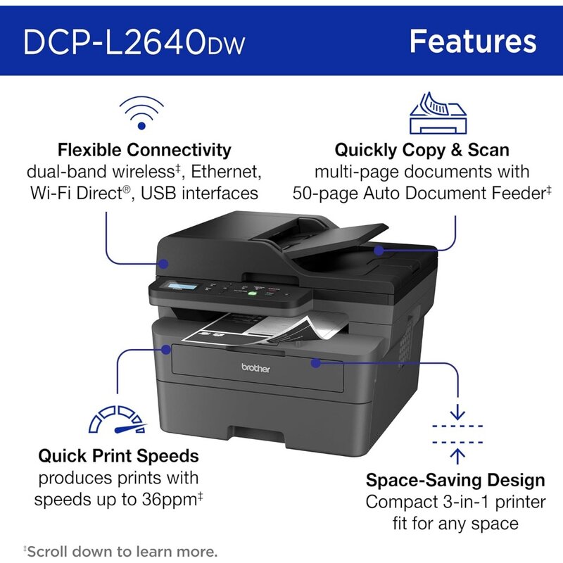 Imprimante laser multifonction monochrome compacte sans fil DCP-L2640DW avec copie et balayage, duplex, mobile, noir