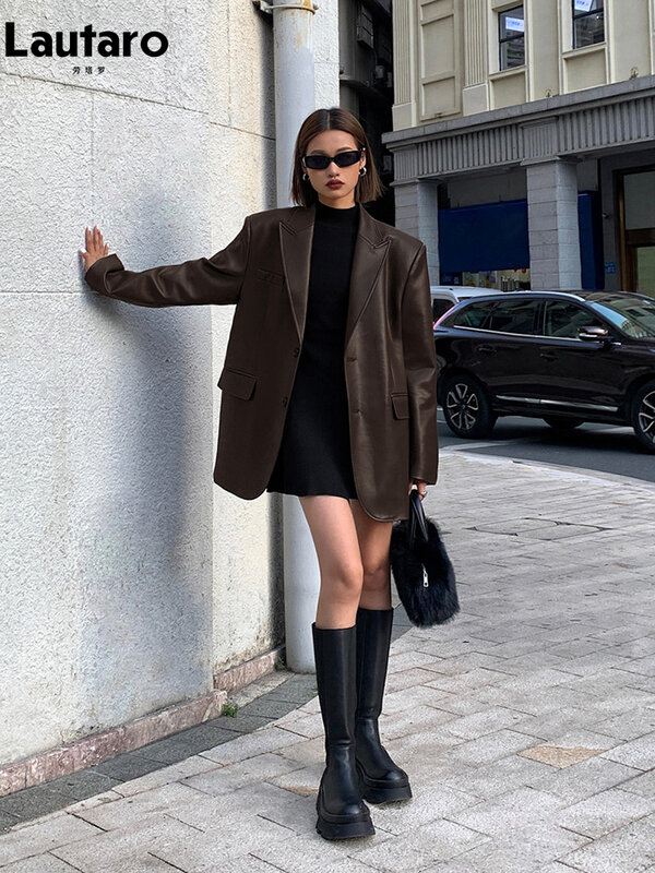Lautaro Autumn Black Brown Soft  Pu Leather Blazer Women Shoulder Pads Long Sleeve Single Breasted Loose Casual Korean Fashion
