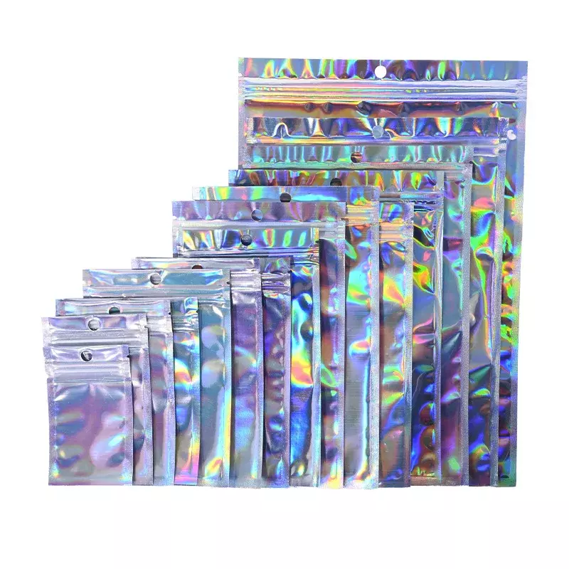 Bolsas de almacenamiento iridiscentes de piezas, bolsas autosellantes de plástico para cosméticos, bolsas iridiscentes con láser, bolsas recerrables de lámina holográfica, 100