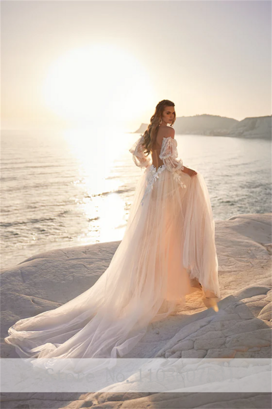 Женское платье с открытыми плечами, Цветочная аппликация, свадебное платье из фатина, трапециевидная Юбка со съемным пышным рукавом