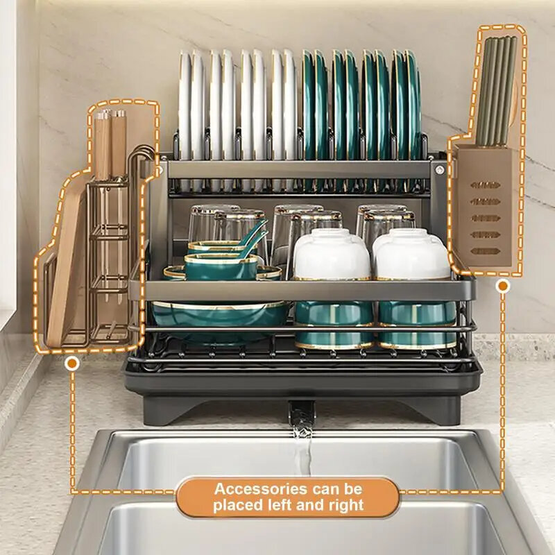 Rak pengering piring Stainless Steel, Rak pengering piring dapur bisa disesuaikan dengan papan pengering atas wastafel, tempat penyimpanan peralatan makan