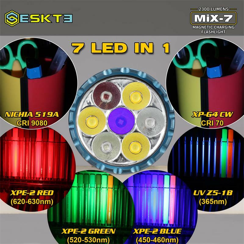 SKILHUNT ESKTE MiX-7 7 LEDS IN 1 Multi-color 2300 lumens 18350 Magnetic Charging LED Flashlight include battery