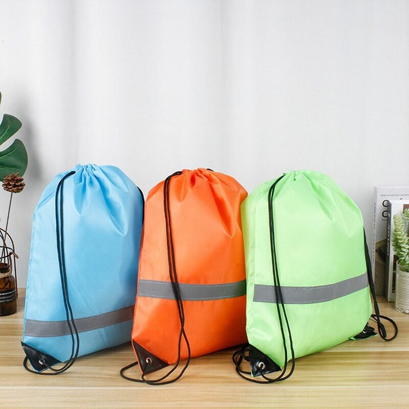 Reflective Stripe Drawstring Gym Backpack Solid Color Waterproof Fitness Handbag 210D Polyester All-Match