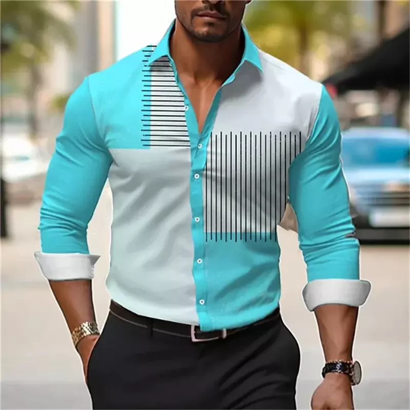 Chemise boutonnée à revers à manches longues pour hommes avec chemise imprimée à motif rayé rétro, haut design doux et confortable s-6XL