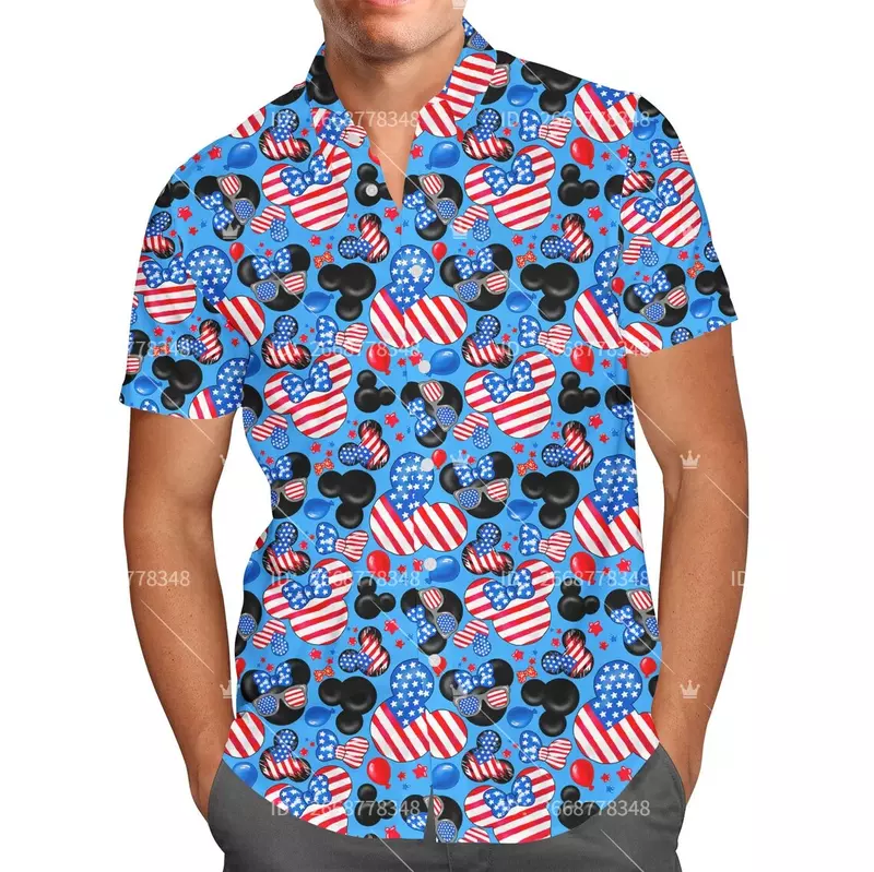 Mickey Mouse Hawaiian Shirts Fourth of July Hawaiian Shirts Disney Men's Fashion Button Down Shirts Casual Beach Shirts