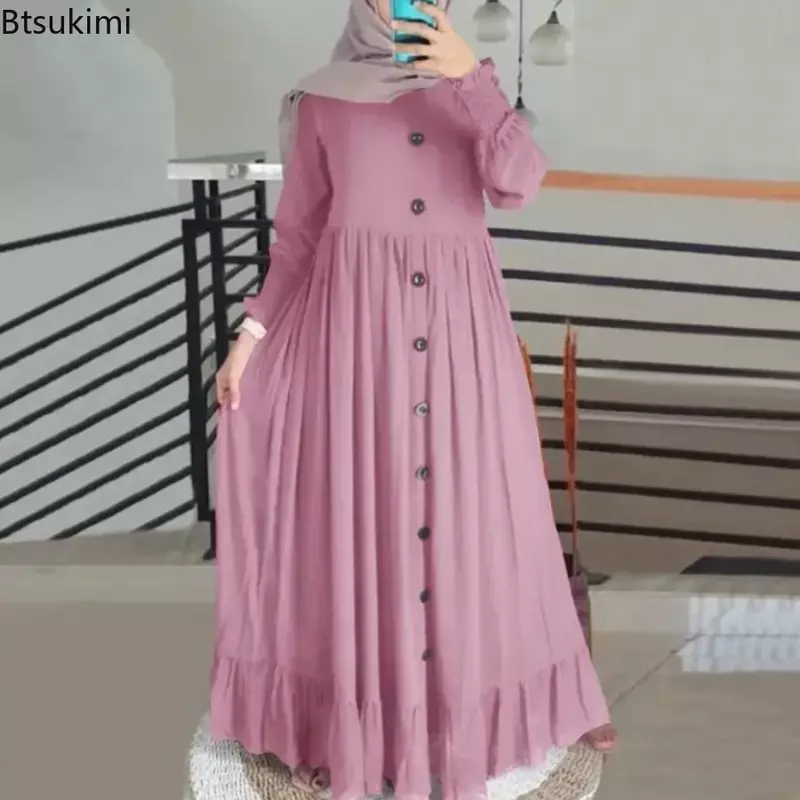 New Women Muslim Long Dresses Fashion Vintage Petal Sleeve Ruffle Hem Sundress Female Casual Cotton Linen Maxi Dress Muslim Robe