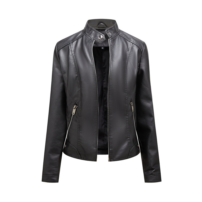 Jaqueta de motocicleta de couro PU para mulheres, casaco casual simples, gola alta, zíper, terno curto fino, novo, 2022