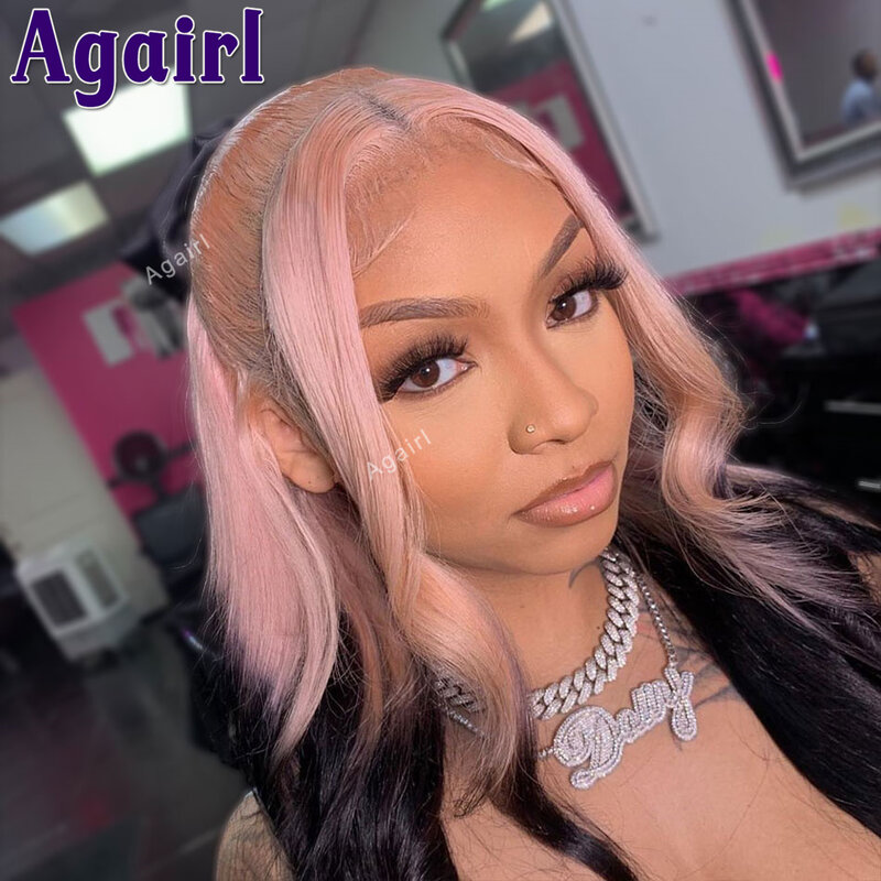 Pink Roots Black Transparent 13X6 13X4 Lace Frontal Wigs Pre Plucked Glueless Human Hair Body Wave Lace Front Wig 200% for Women