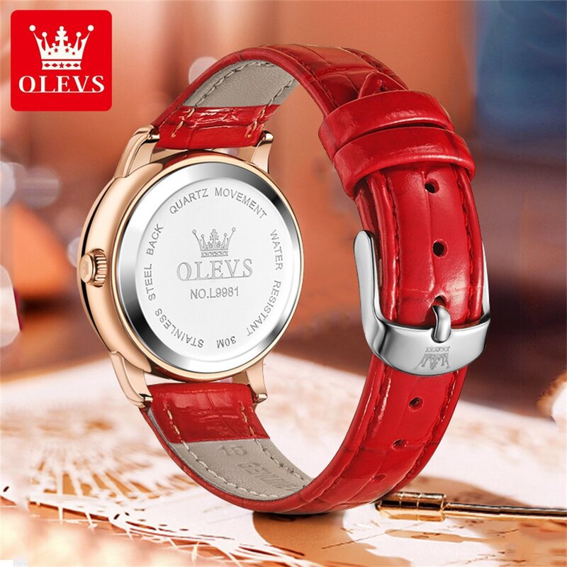 OLEVS jam tangan Quartz berlian wanita, arloji tali kulit tahan air bercahaya kalender tangan modis 2024