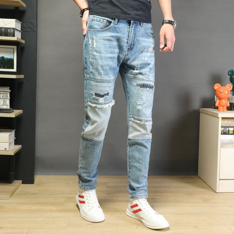 2024 Frühling und Herbst neue Mode einfarbige Löcher schlanke Stretch hose Herren lässig bequeme atmungsaktive hochwertige Jeans
