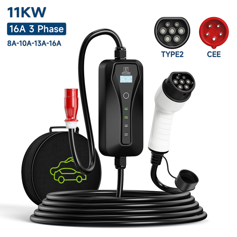 Pengisi daya mobil listrik portabel kotak pengisi daya 11KW 16A EV tipe 2 EVSE colokan CEE peralatan kendaraan elektrik IEC62196-2 kotak Dinding
